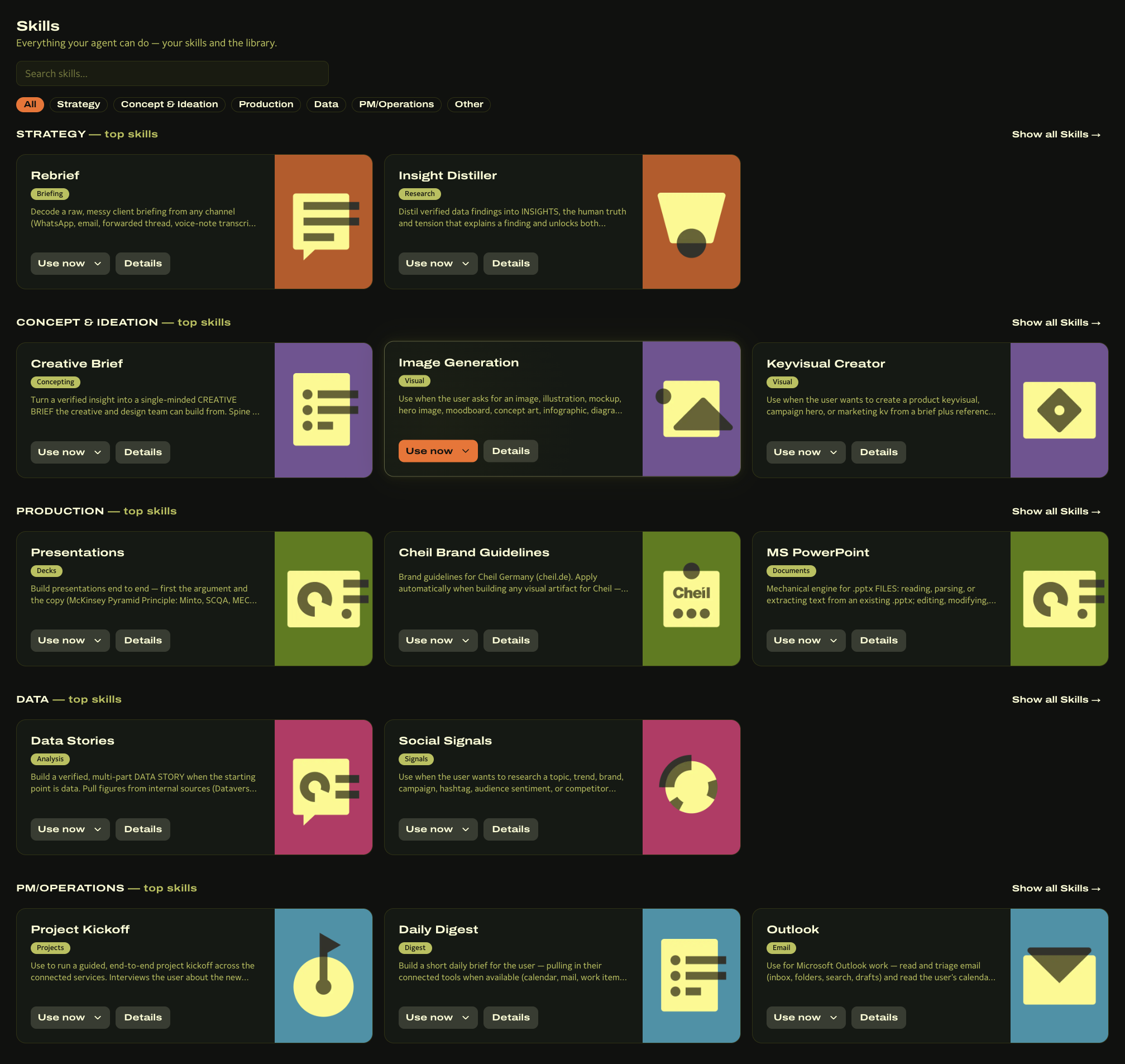 The Remix skill library, with skills grouped by discipline: strategy, concept and ideation, production, data, and operations.